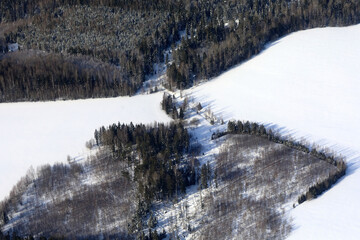 Aerial view of snow-covered forest and field in winter landscape
