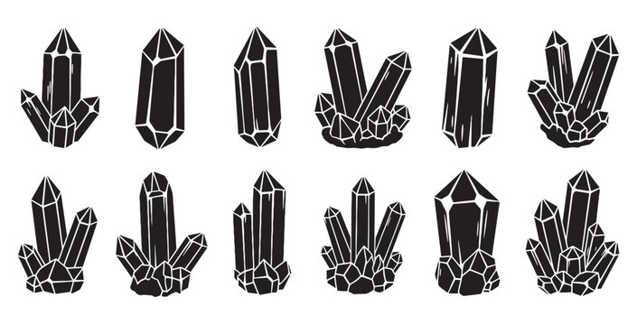 Collection of black crystal silhouettes in various shapes and sizes, including single points and geode clusters, illustrated in a simple graphic style with white line art