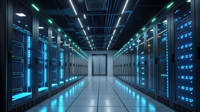 Futuristic server room aisle with glowing blue lights in data center infrastructure, representing digital technology and computing