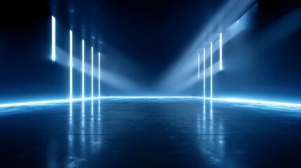 Neon Light Symphony: An architectural marvel with dynamic lines of neon blue light. The interplay of illumination creating a futuristic, ethereal ambiance.