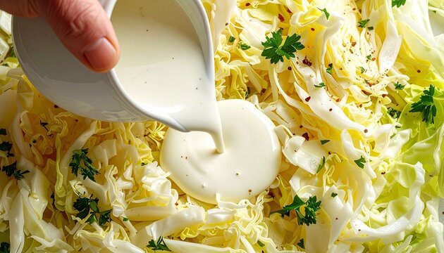 Pouring Creamy Dressing Over Fresh Shredded Cabbage