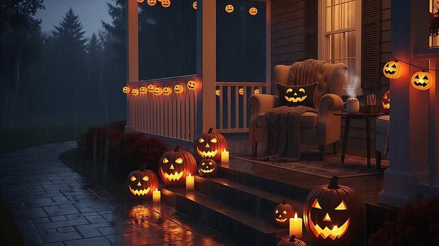 A shot of a cozy, decorated porch on a rainy Halloween night. The rain is pouring down, creating a streaked, blurred effect on the lens
