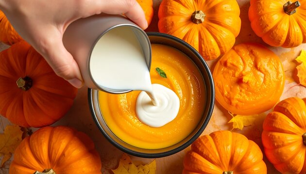 Top View of Cream Being Added to Pumpkin Soup