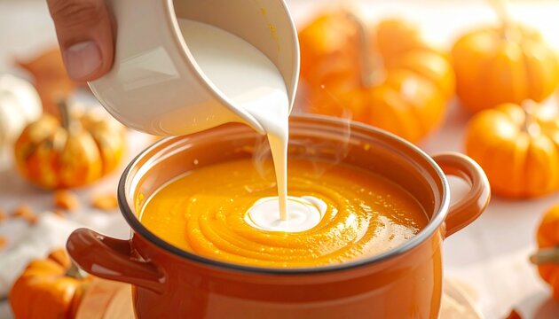 Pouring Cream Into Warm Pumpkin Soup