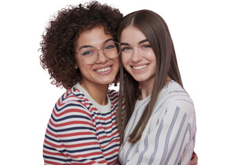 two smiling women embrace, isolated on transparent background.