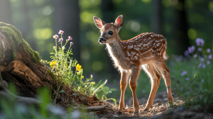 Fototapeta premium Fawn stands in dappled sunlight surrounded by wildflowers and mossy log.