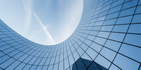 Curving glass facade reflects a wispy sky a modern architectural study in light and geometry.