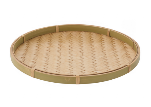 Woven bamboo flat round tray with green rim and herringbone pattern isolated on a transparent background