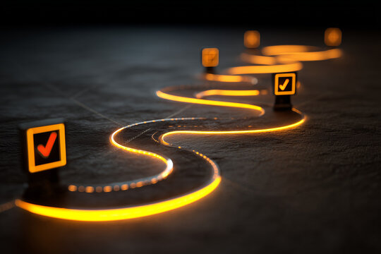 A glowing path with checkpoints, a concept for a business roadmap, customer journey, or project milestones