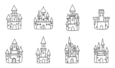 Fototapeta premium Collection of eight hand-drawn fairytale castles in a simple black outline style, featuring various cute medieval fortress designs with towers and turrets