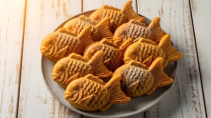 A close-up shot of a plate filled with many freshly baked, golden-brown bungeo-ppang, traditional Korean fish-shaped pastries, lightly dusted with powdered sugar on a white wooden surface.