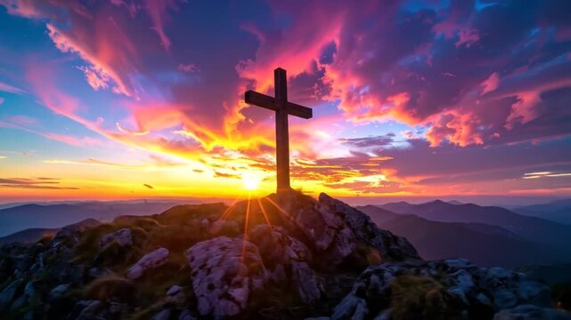 Dramatic Sunset Over a Mountain Peak with a Cross Symbolizing Hope and Faith's Resilience