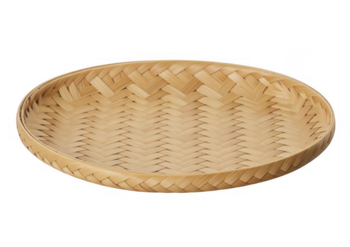 Woven oval bamboo tray with herringbone pattern isolated on a transparent background basket