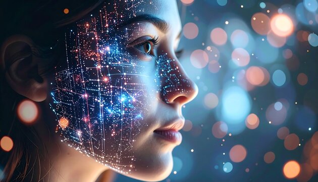 Artificial Intelligence - A Womans Face with Digital Circuitry Overlay. - Powered by Adobe