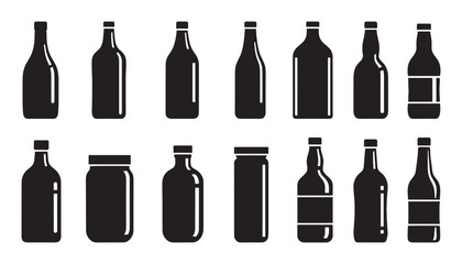 Fototapeta premium Black bottle and jar silhouette icon set featuring various shapes for beverages like wine, beer, and liquor, presented in a clean, minimalist graphic design style