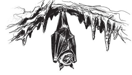 Nocturnal bat with folded wings hanging upside down from a stalactite-covered cave ceiling in a detailed black and white hand-drawn sketch style