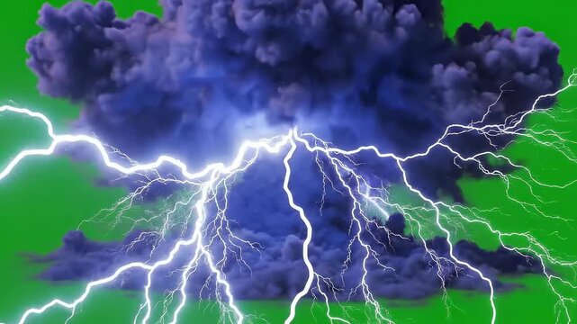 Blue Thunderstorm with lightning and clouds. Discharge electrical current. Charge current. natural phenomena on light green screenBlue Thunderstorm with lightning and clouds. Discharge electrical curr