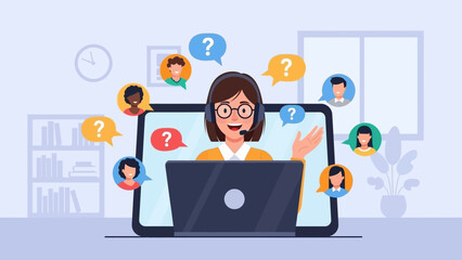 Customer service representative communicating with clients via online video call, featuring diverse people and speech bubbles