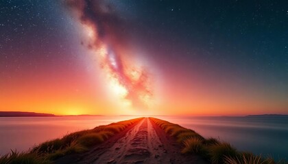 A luminous, ethereal pathway arcs across a starlit sky,  pattern,  artwork