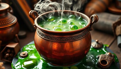 Antique copper cauldron bubbling with vibrant green potion, otherworldly, fantasy