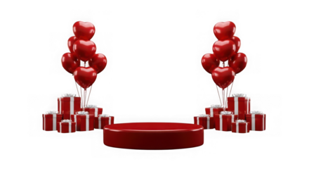 Red podium with gift boxes and heart balloons isolated on transparent background