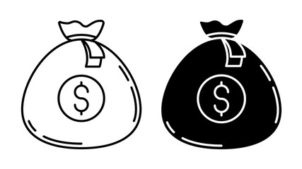 Linear icon. Money bag containing dollars and euros, sealed with a bank seal. Simple black and white vector isolated on white background