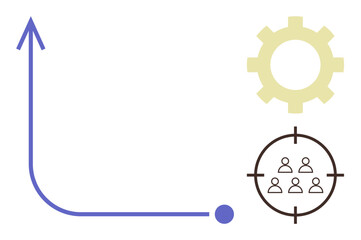 Progress curve with upward arrow, gear for process, and team inside a target. Ideal for business growth, strategy, teamwork, goals, leadership process optimization development. Simple flat metaphor