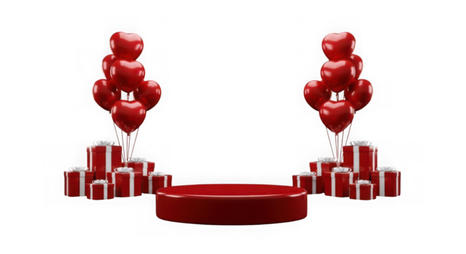 Red podium with gift boxes and heart balloons isolated on transparent background