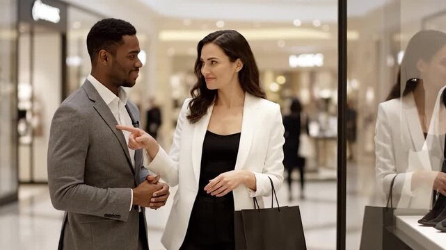 Mall scene shows two well-dressed people window shopping, talking, indoors - Powered by Adobe