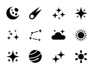 Astronomy vector icon set with comet crescent moon stars constellation galaxy orbit planet space symbols minimal black silhouette cosmic elements celestial shapes modern simple graphic design
