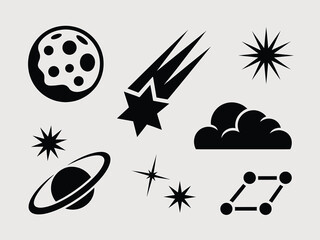 Astronomy vector icon set with comet crescent moon stars constellation galaxy orbit planet space symbols minimal black silhouette cosmic elements celestial shapes modern simple graphic design