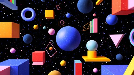 Colorful 3D Geometric Shapes Floating in Cosmic Space with Stars and Nebula Background for Abstract and Modern Art Designs