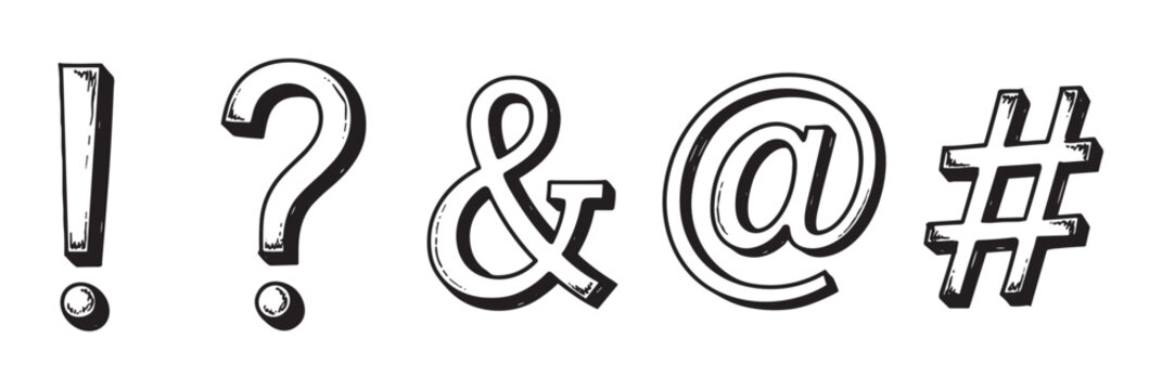 Hand-drawn punctuation and typographic symbols collection featuring an exclamation mark, question mark, ampersand, at sign, and hashtag in a bold, black and white 3D sketch style