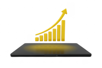 Yellow bar graph with upward trending arrow above dark reflective surface isolated on a transparent background