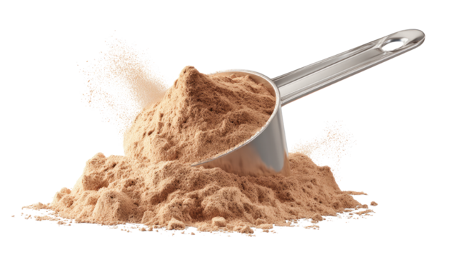Close-up of protein powder scoop filled with nutritional supplement for fitness, muscle growth, and healthy lifestyle isolated on white background - Powered by Adobe