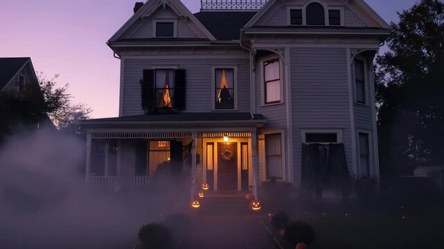 A slow, cinematic drone shot circling a classic Victorian house at dusk. The house is adorned with classic Halloween decorations