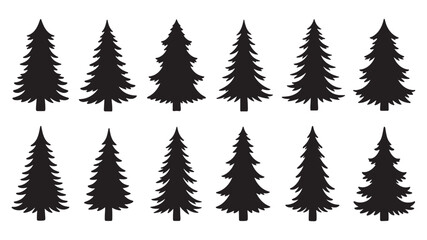 Fototapeta premium Set of twelve black pine tree silhouettes in a minimalist graphic style, featuring different coniferous forms for creating forest scenes, winter holiday cards, or nature-themed logos