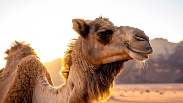 Majestic Camel in Desert Landscape During Sunset, Capturing Desert Wildlife Scenery