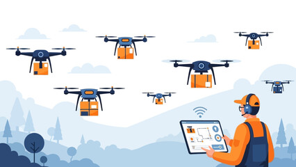 Automated drone delivery fleet operated by a technician, illustrating modern logistics, efficient package transport, and advanced technological solutions for future services