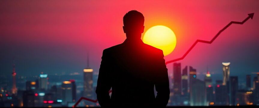 Silhouette of businessman viewing declining city graph, investment, urban - Powered by Adobe