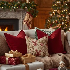 Stylish interior of Christmas arrangement with Christmas tree, white sofa and festive decorations.Warm holiday room with Christmas cushions and wrapped gifts