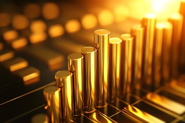 A 3D chart with golden bars growing upward under a spotlight, symbolizing company success and growth 