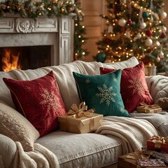 Stylish interior of Christmas arrangement with Christmas tree, white sofa and festive decorations.Warm holiday room with Christmas cushions and wrapped gifts