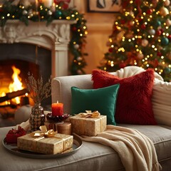 Stylish interior of Christmas arrangement with Christmas tree, white sofa and festive decorations.Warm holiday room with Christmas cushions and wrapped gifts