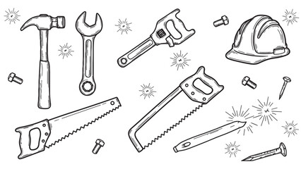 Obraz premium Hand-drawn set of construction tools including a hammer, saw, wrench, and hard hat in a black and white vintage sketch style illustration for carpentry and repair concepts