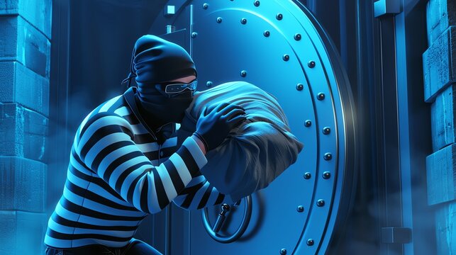 Thief stealing money from a bank vault.