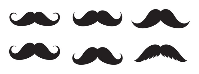 Collection of six black mustache silhouettes in various classic and retro styles, including curly and handlebar shapes, presented as a simple flat design graphic icon set
