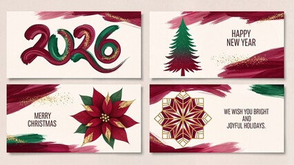 Christmas card in four parts featuring a poinsettia, tree, snowflake, and wishes for 2026 and joyful holidays