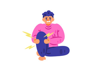 An illustration of a man sitting with sore legs and knees. The legs are painful, hot, and cramping. Leg injuries. Bone and muscle health problems. Flat style character design. White background.
