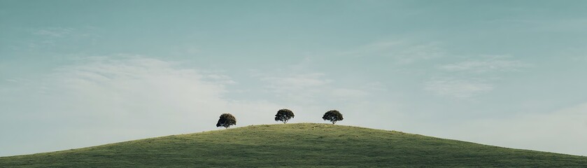 Three isolated trees crown a gently sloping green hill beneath a pale blue sky